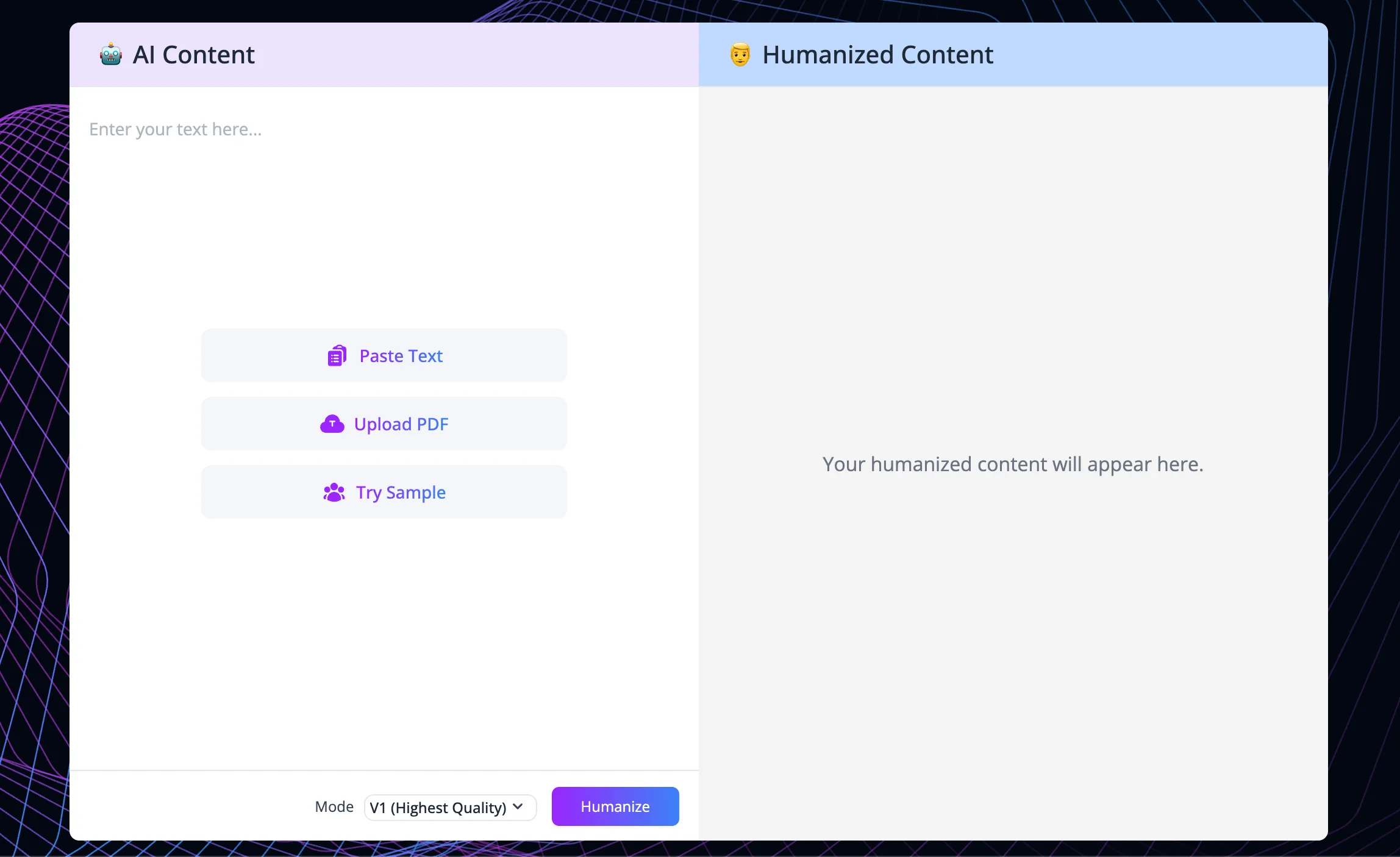 Grubby AI's editor, with the text to rewrite on the left and the result on the right