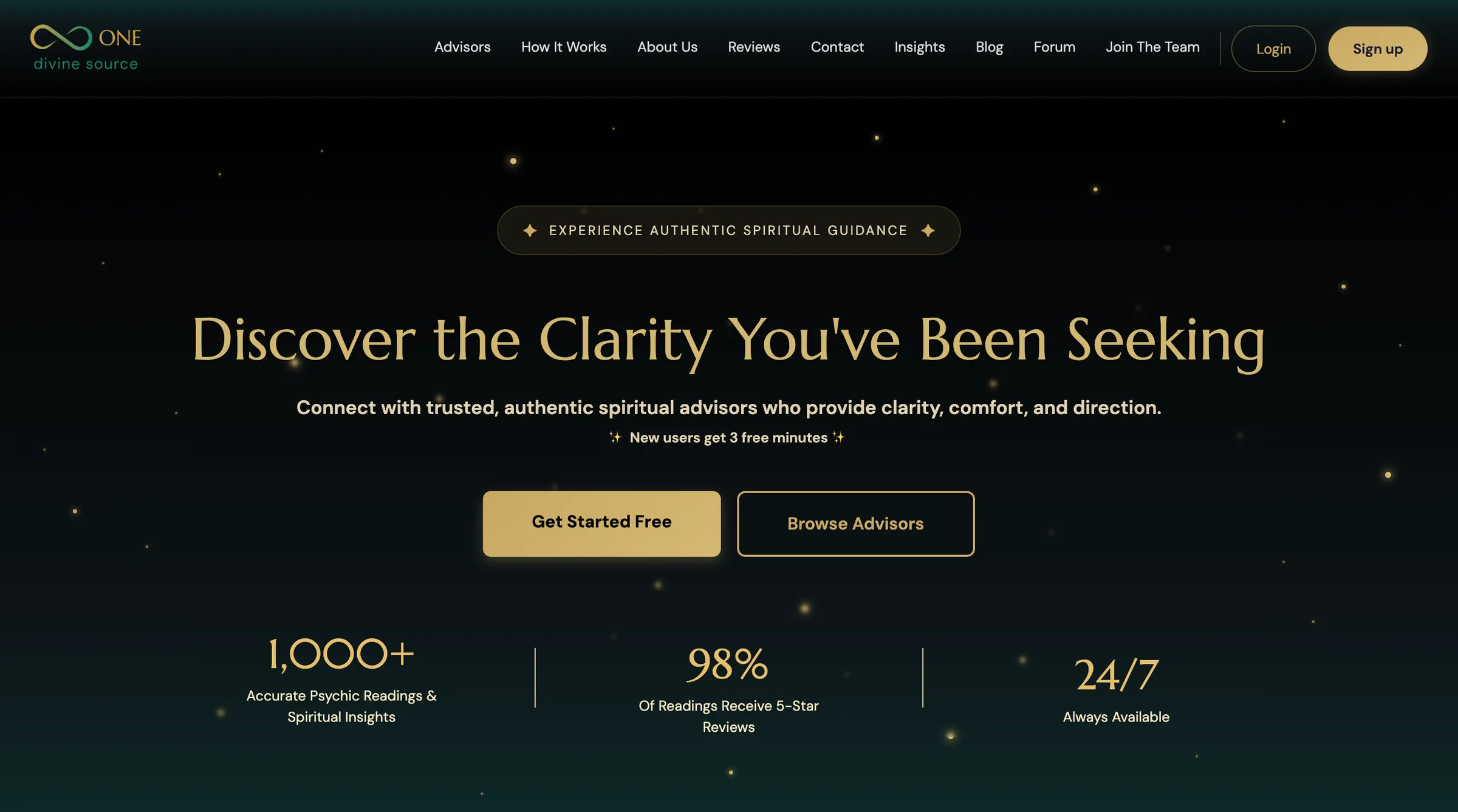 The One Divine Source homepage, a gold headline over a dark starry sky with buttons to get started or browse advisors
