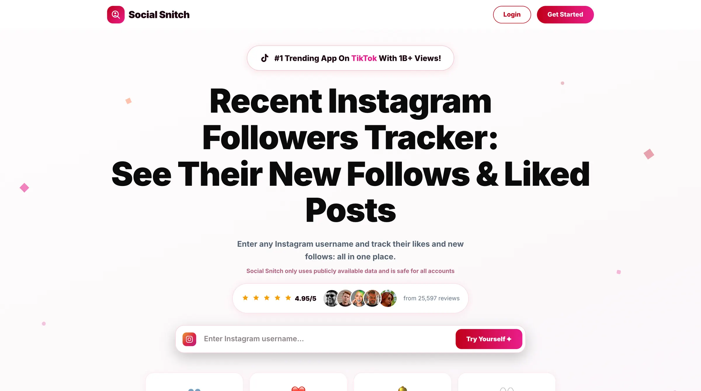 The Social Snitch homepage, a bold headline about tracking Instagram follows and liked posts above a username search box