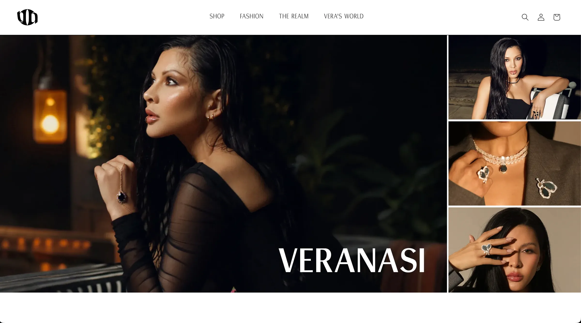 The Veranasi homepage, with large editorial photographs of a model wearing the jewelry