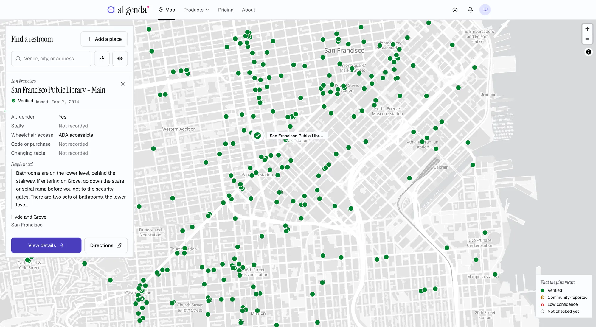 The Inclusive Spaces map of San Francisco covered in green pins, with the listing for the San Francisco Public Library's main branch open: verified, all-gender, ADA accessible, and fields with no data marked Not recorded