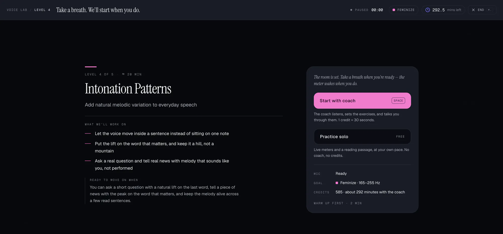 The Voice Lab session lobby for Intonation Patterns, level 4 of 5, with a pink Start with coach button, a free Practice solo option, and the mic, goal and credit balance listed below